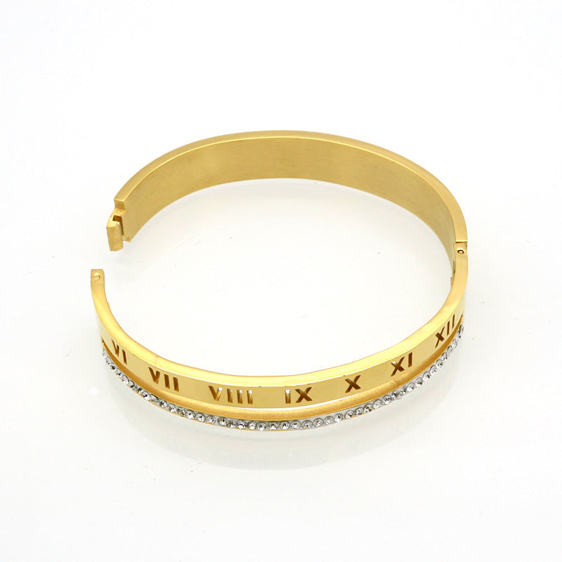 Stylish Roman character with diamonds, buckle opening hollow stainless steel bracelet decoration