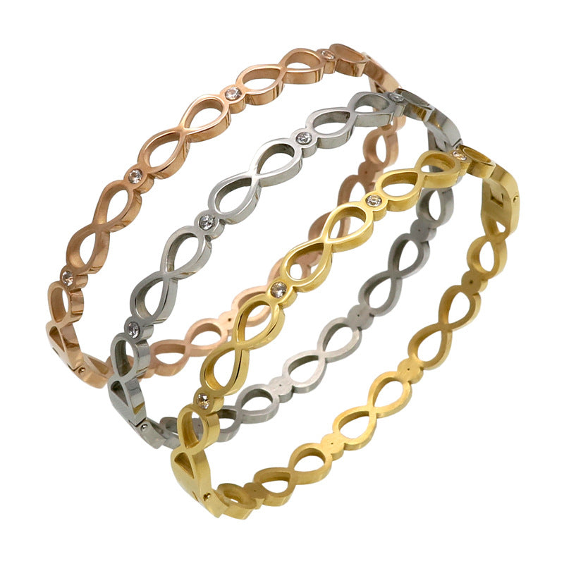 New simple and fashionable stainless steel diamond-encrusted hollow 8-character bracelet