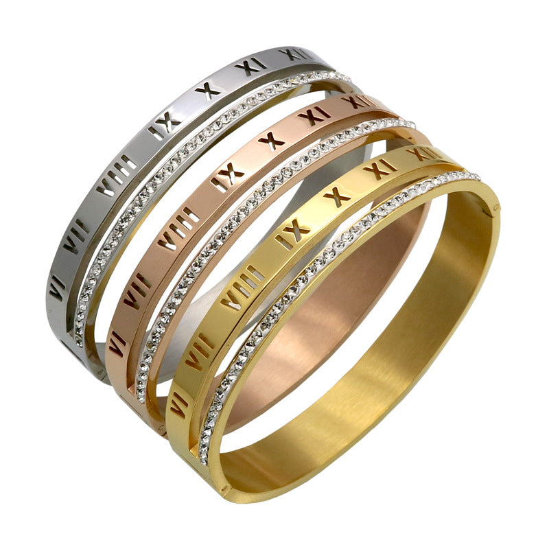 Stylish Roman character with diamonds, buckle opening hollow stainless steel bracelet decoration