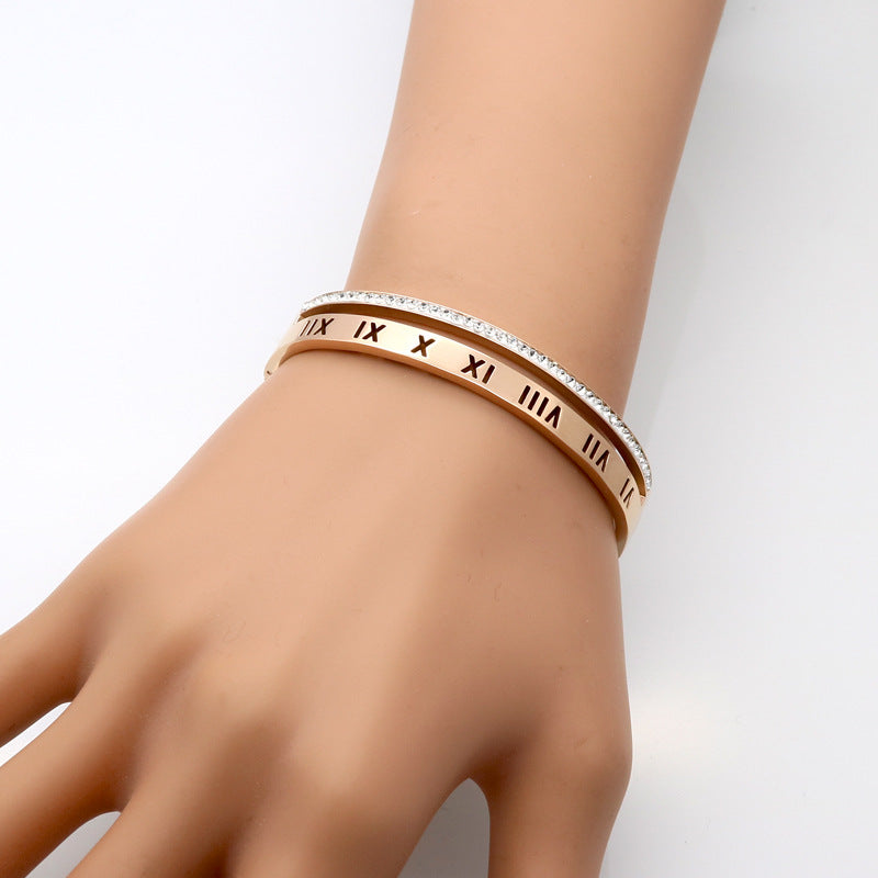 Stylish Roman character with diamonds, buckle opening hollow stainless steel bracelet decoration