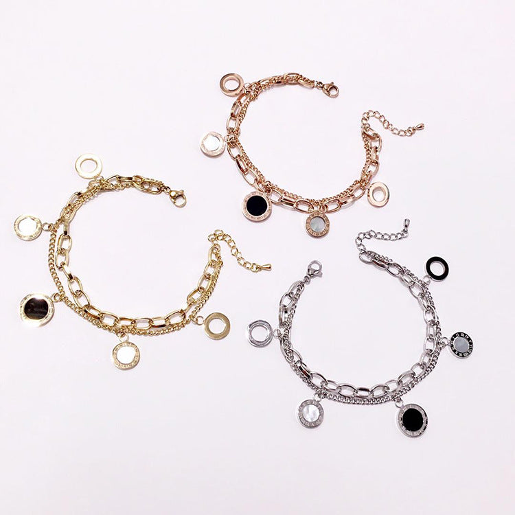 Roman Numerals Round Coin Hollow Black and White Shell Agate Double Bracelet
