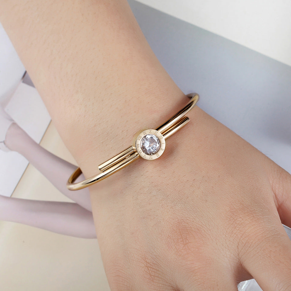 Popular Classic Roman Letter Inlaid Zircon Non-Fading Stainless Steel Bracelet Women's Rose Gold Titanium Steel Bracelet