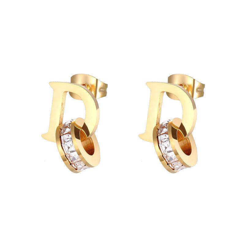 New personalized gold D letter square diamond stud earrings, diverse and creative, simple girls earrings, rose gold earrings wholesale