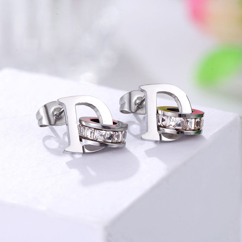 New personalized gold D letter square diamond stud earrings, diverse and creative, simple girls earrings, rose gold earrings wholesale