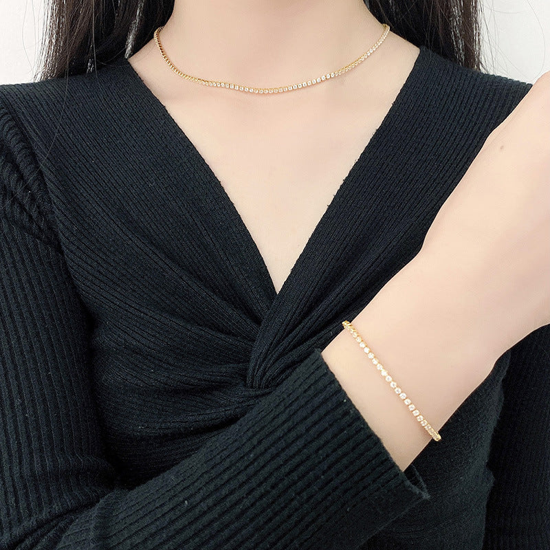 T European and American temperament sense light luxury 2mm row diamond zircon tide full diamond geometric three-dimensional square fine clavicle necklace men and women