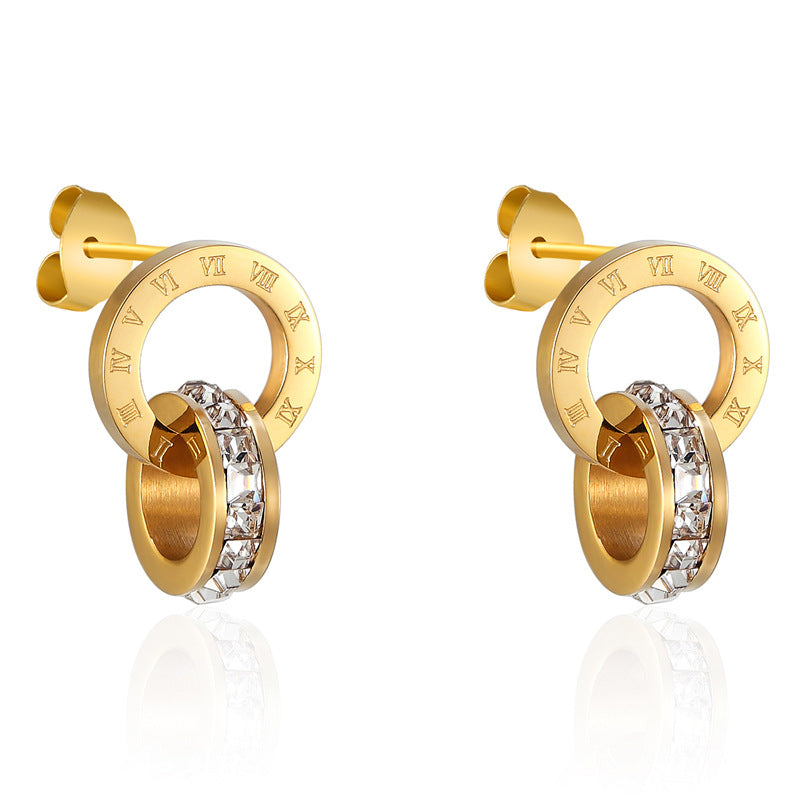 Personality temperament Roman numerals double ring circle, rose gold titanium steel square diamond earrings jewelry