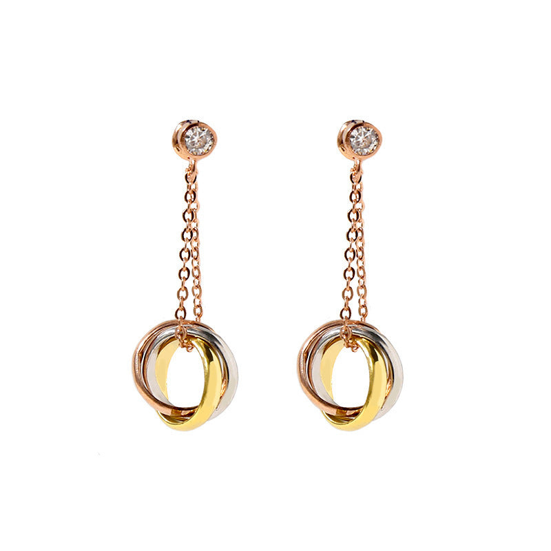 Three-ring three-color small circle chain with diamond long earrings, women's stud earrings are fashionable