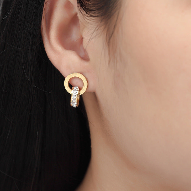 Personality temperament Roman numerals double ring circle, rose gold titanium steel square diamond earrings jewelry