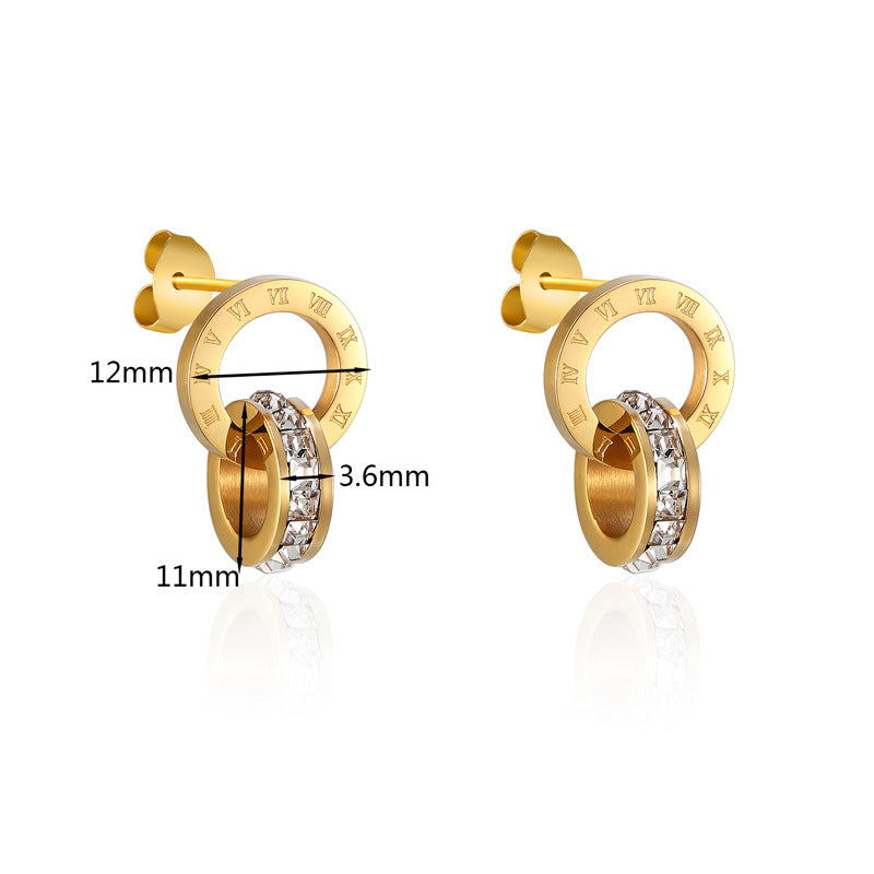 Personality temperament Roman numerals double ring circle, rose gold titanium steel square diamond earrings jewelry