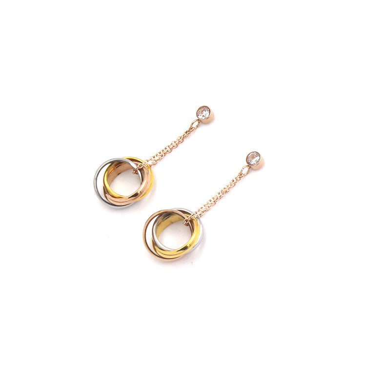 Three-ring three-color small circle chain with diamond long earrings, women's stud earrings are fashionable