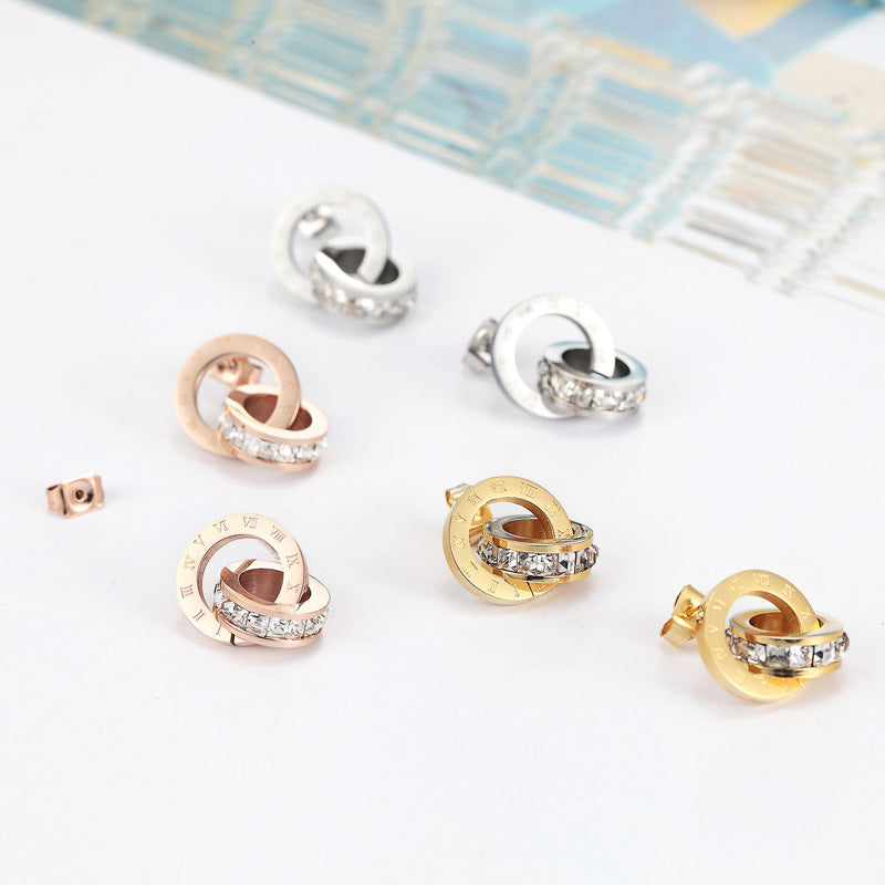 Personality temperament Roman numerals double ring circle, rose gold titanium steel square diamond earrings jewelry