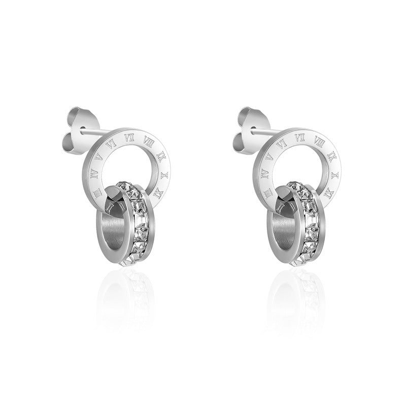 Personality temperament Roman numerals double ring circle, rose gold titanium steel square diamond earrings jewelry