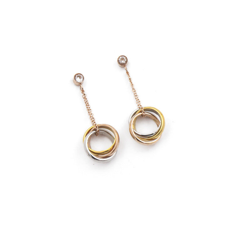 Three-ring three-color small circle chain with diamond long earrings, women's stud earrings are fashionable