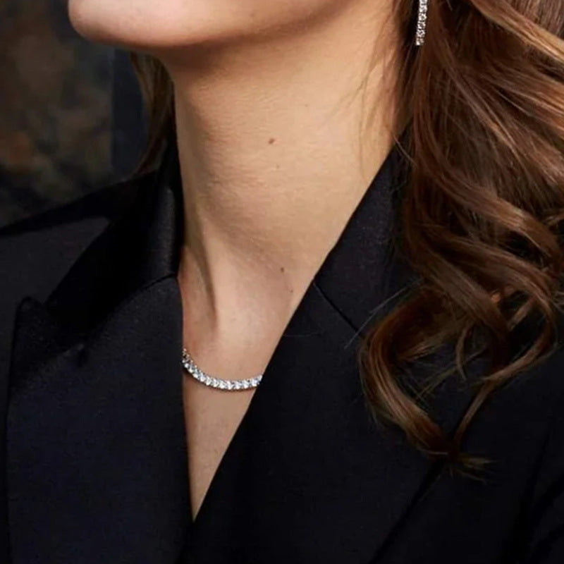 T European and American temperament sense light luxury 2mm row diamond zircon tide full diamond geometric three-dimensional square fine clavicle necklace men and women
