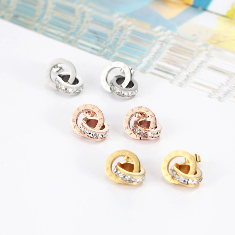 Personality temperament Roman numerals double ring circle, rose gold titanium steel square diamond earrings jewelry