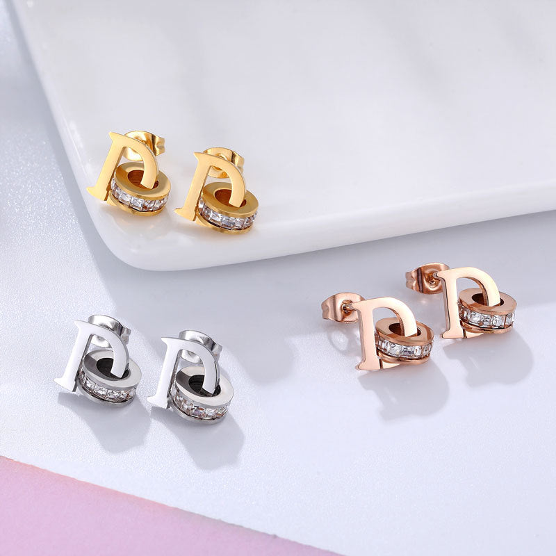 New personalized gold D letter square diamond stud earrings, diverse and creative, simple girls earrings, rose gold earrings wholesale