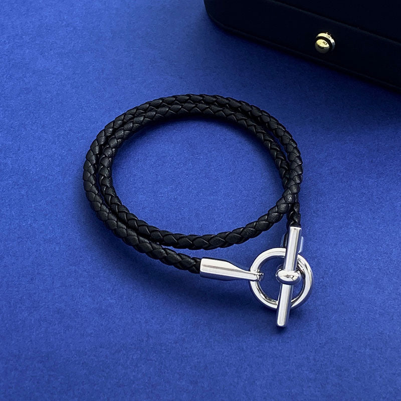 European and American fashion jewelry, leather rope braided buckle, double-layer bracelet, the same versatile bracelet men's and women's jewelry