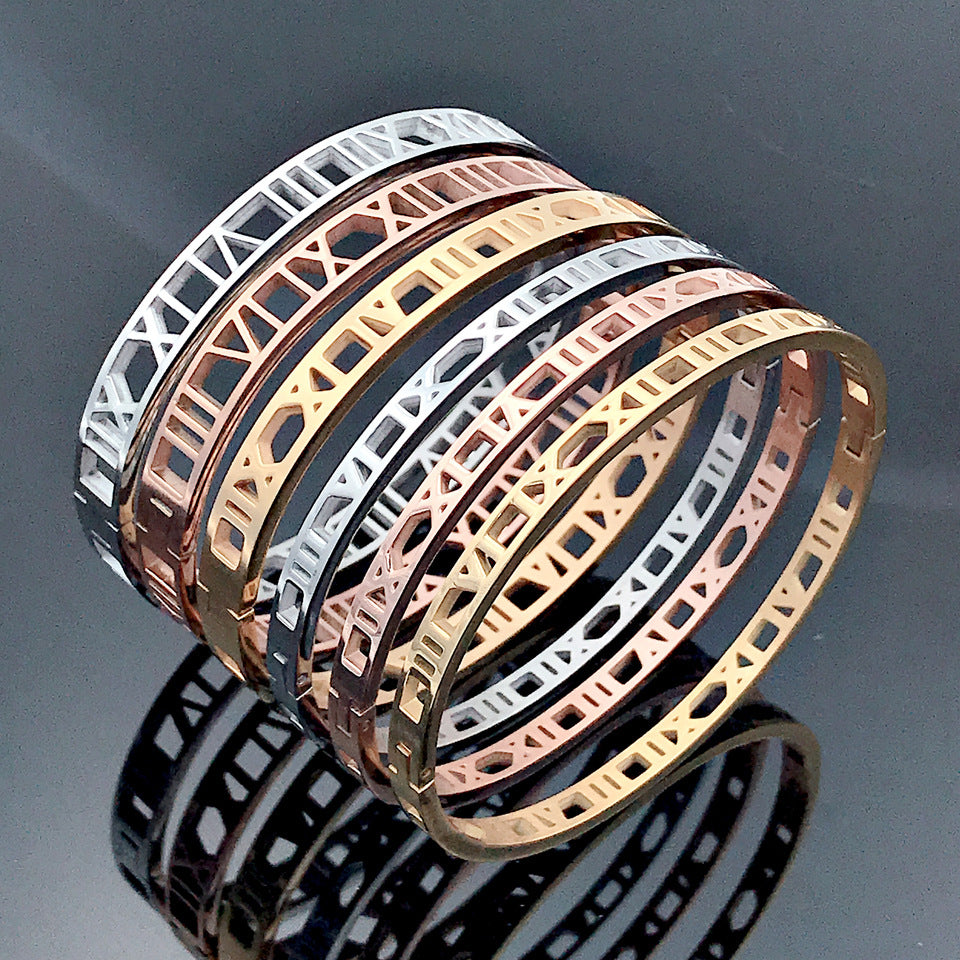 Hollow Roman Numeral Bangle Bracelet for Women Titanium Steel 18K Rose Gold Plated Buckle Fashion Jewelry Gift for Women and Girls