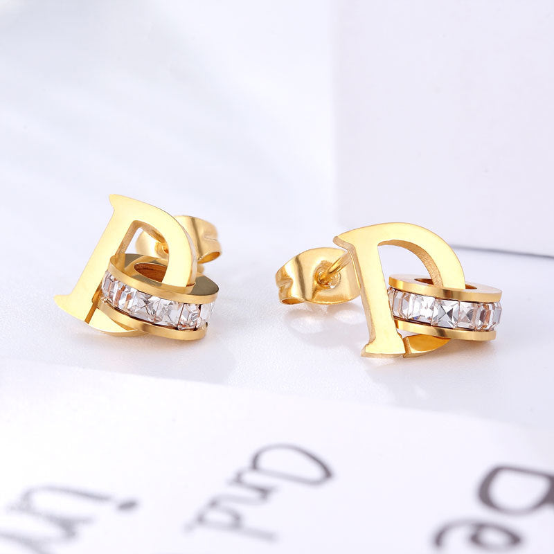 New personalized gold D letter square diamond stud earrings, diverse and creative, simple girls earrings, rose gold earrings wholesale