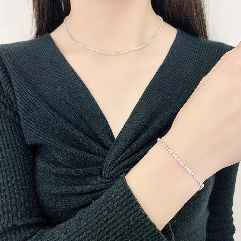 T European and American temperament sense light luxury 2mm row diamond zircon tide full diamond geometric three-dimensional square fine clavicle necklace men and women