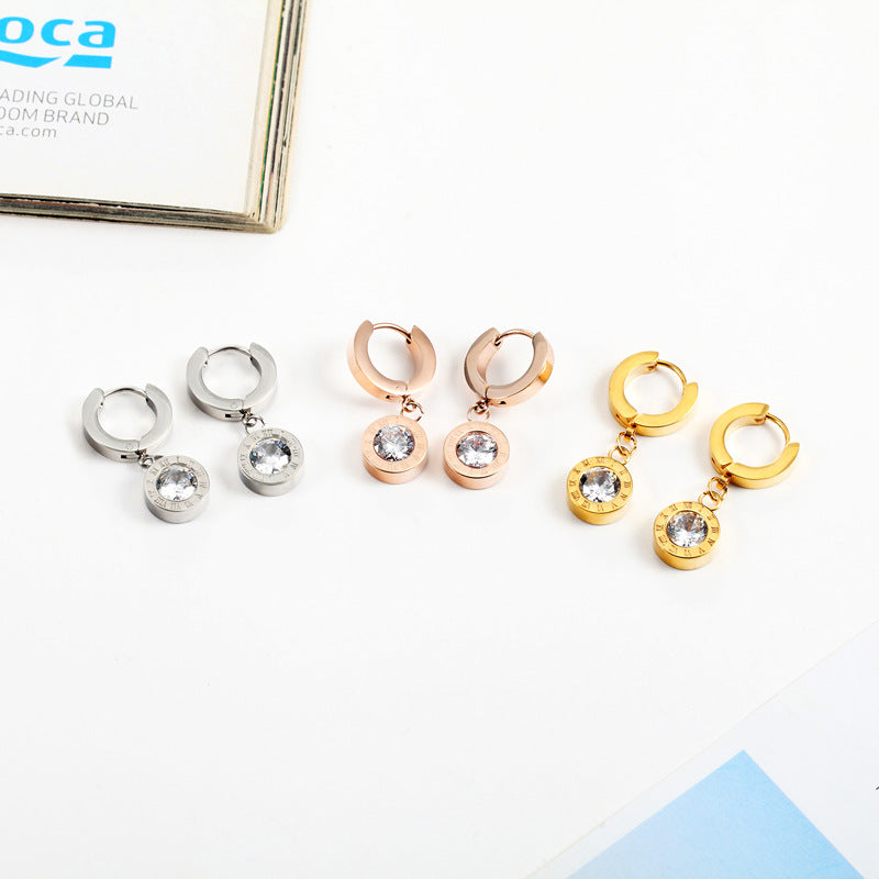 Roman numerals single diamond stud earrings Korean version popular zircon earrings titanium steel rose gold men and women couple earrings