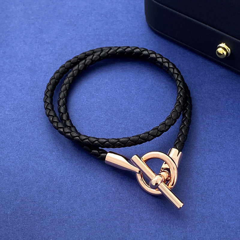 European and American fashion jewelry, leather rope braided buckle, double-layer bracelet, the same versatile bracelet men's and women's jewelry