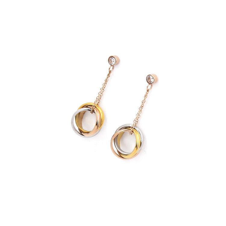 Three-ring three-color small circle chain with diamond long earrings, women's stud earrings are fashionable