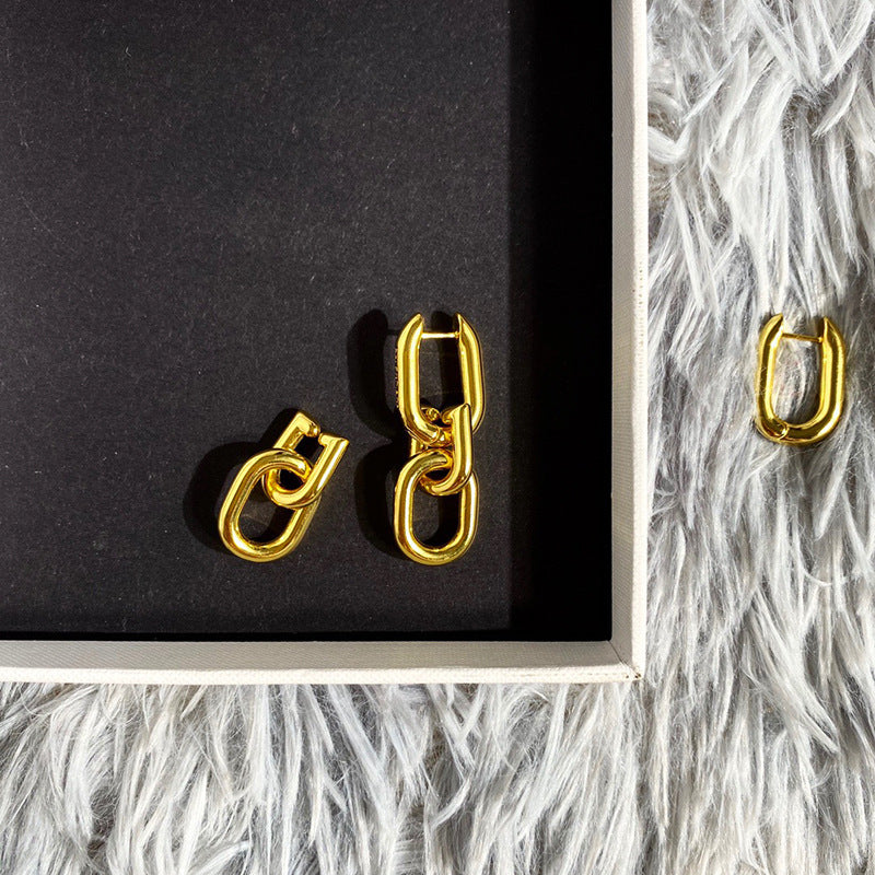 European and American fashion glossy metal three sections are not the same size, bamboo thick chain hip-hop street earrings are available in two colors