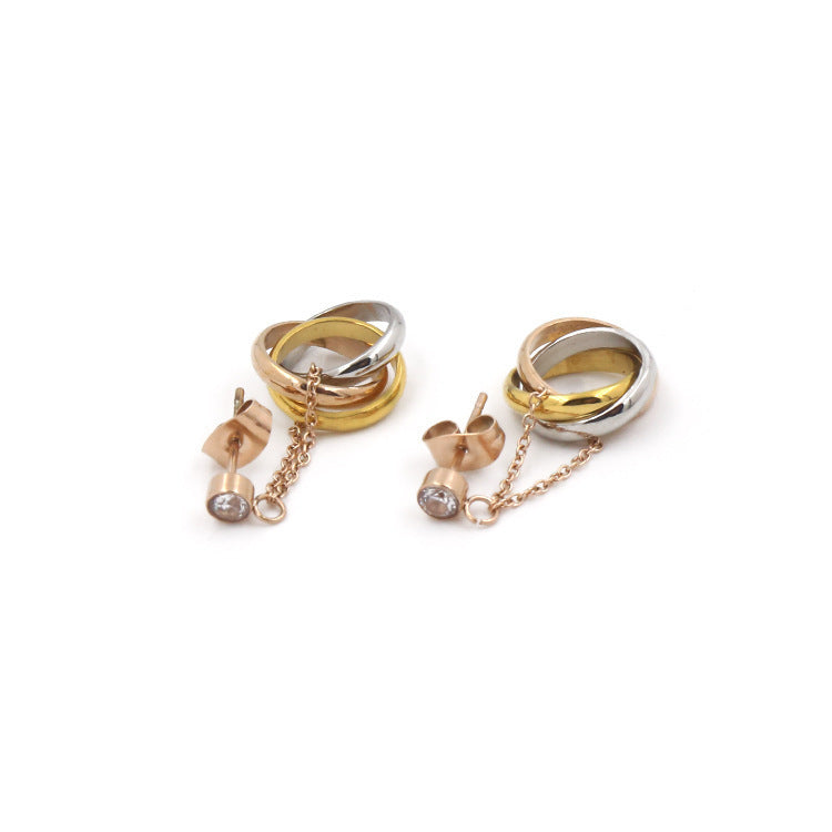 Three-ring three-color small circle chain with diamond long earrings, women's stud earrings are fashionable