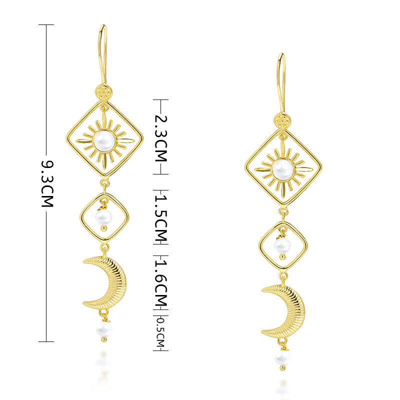 Hollow geometric rhombus sun flower stud earrings moon pearl multi-element long boutique fringed earrings