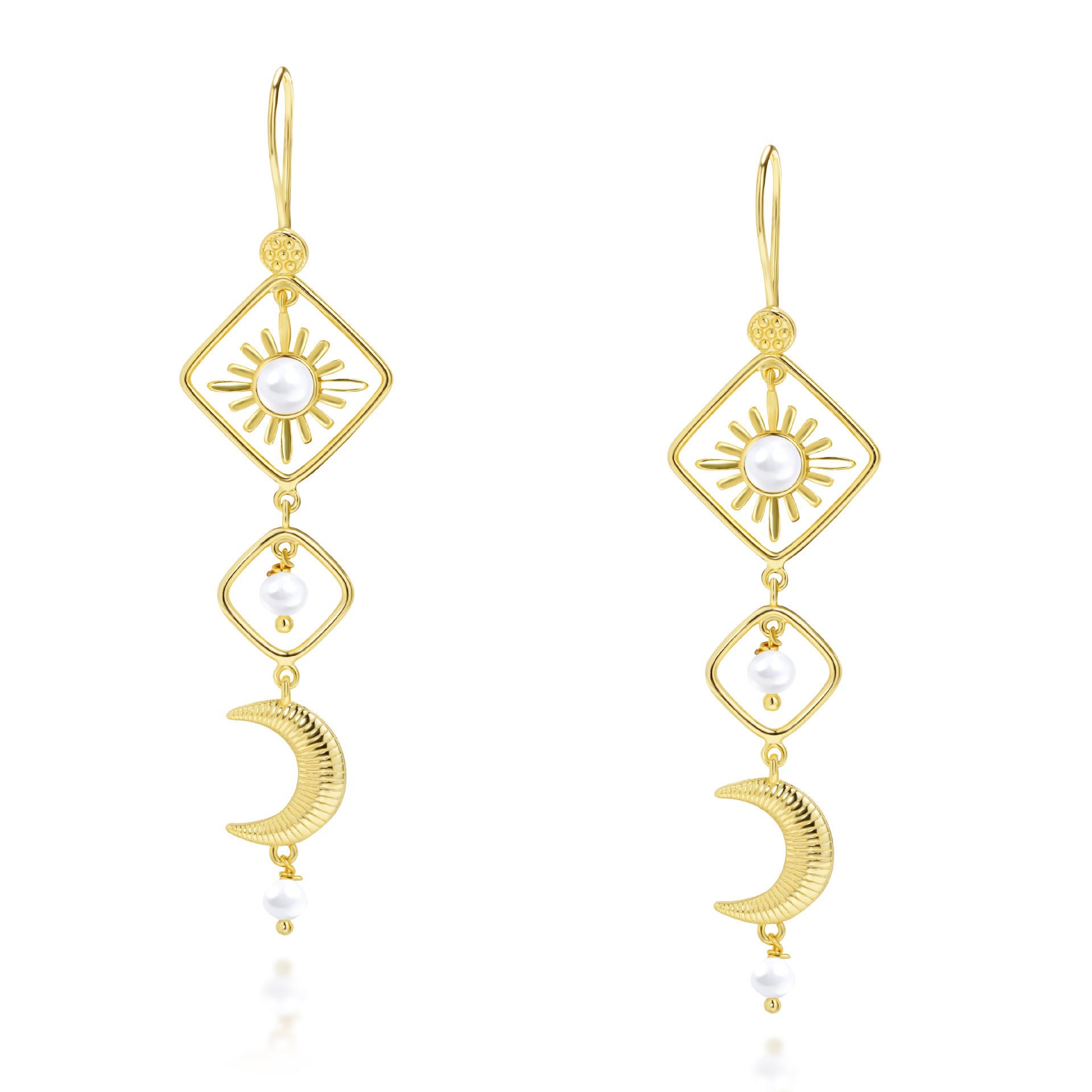 Hollow geometric rhombus sun flower stud earrings moon pearl multi-element long boutique fringed earrings