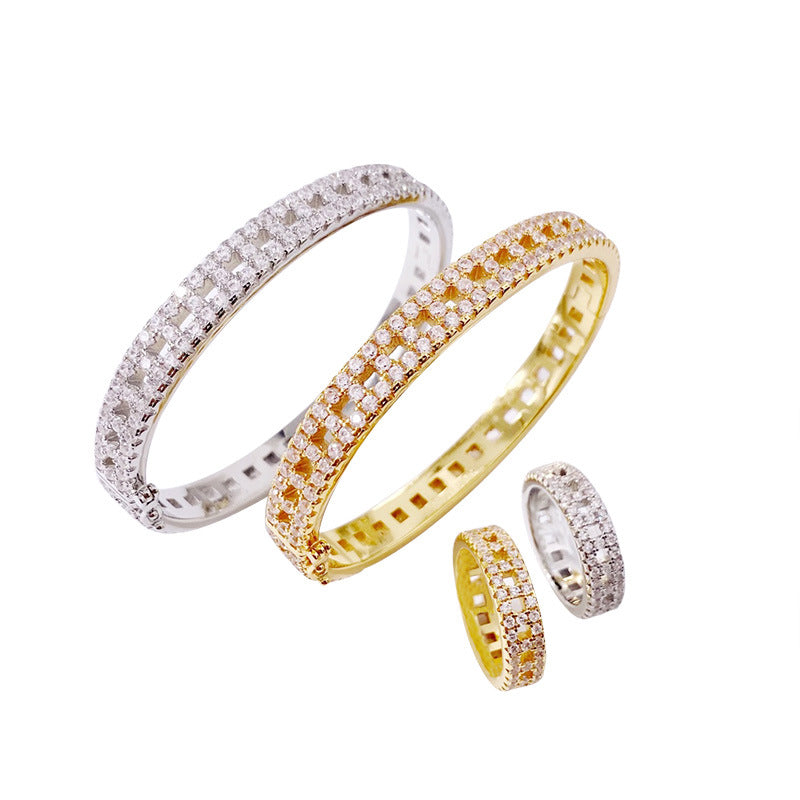 Full diamond zircon hollow T-row diamond couple bracelet