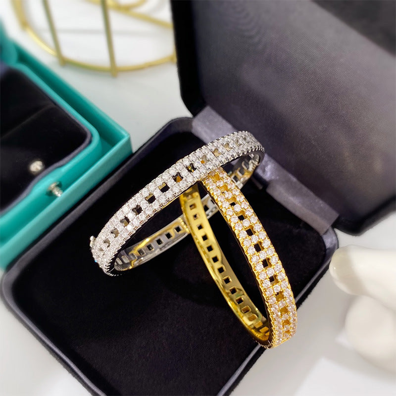 Full diamond zircon hollow T-row diamond couple bracelet