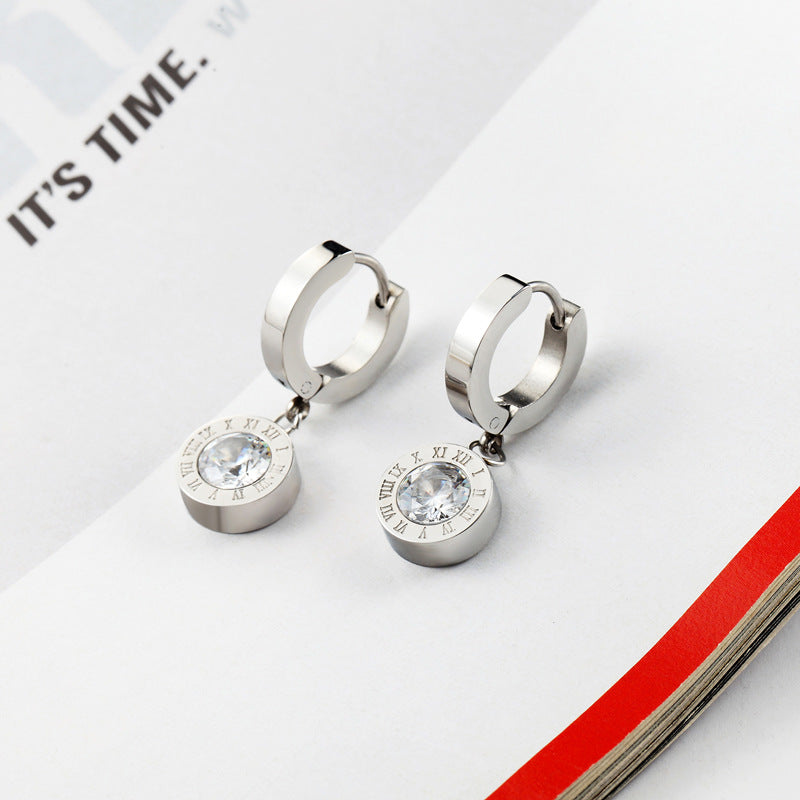 Roman numerals single diamond stud earrings Korean version popular zircon earrings titanium steel rose gold men and women couple earrings