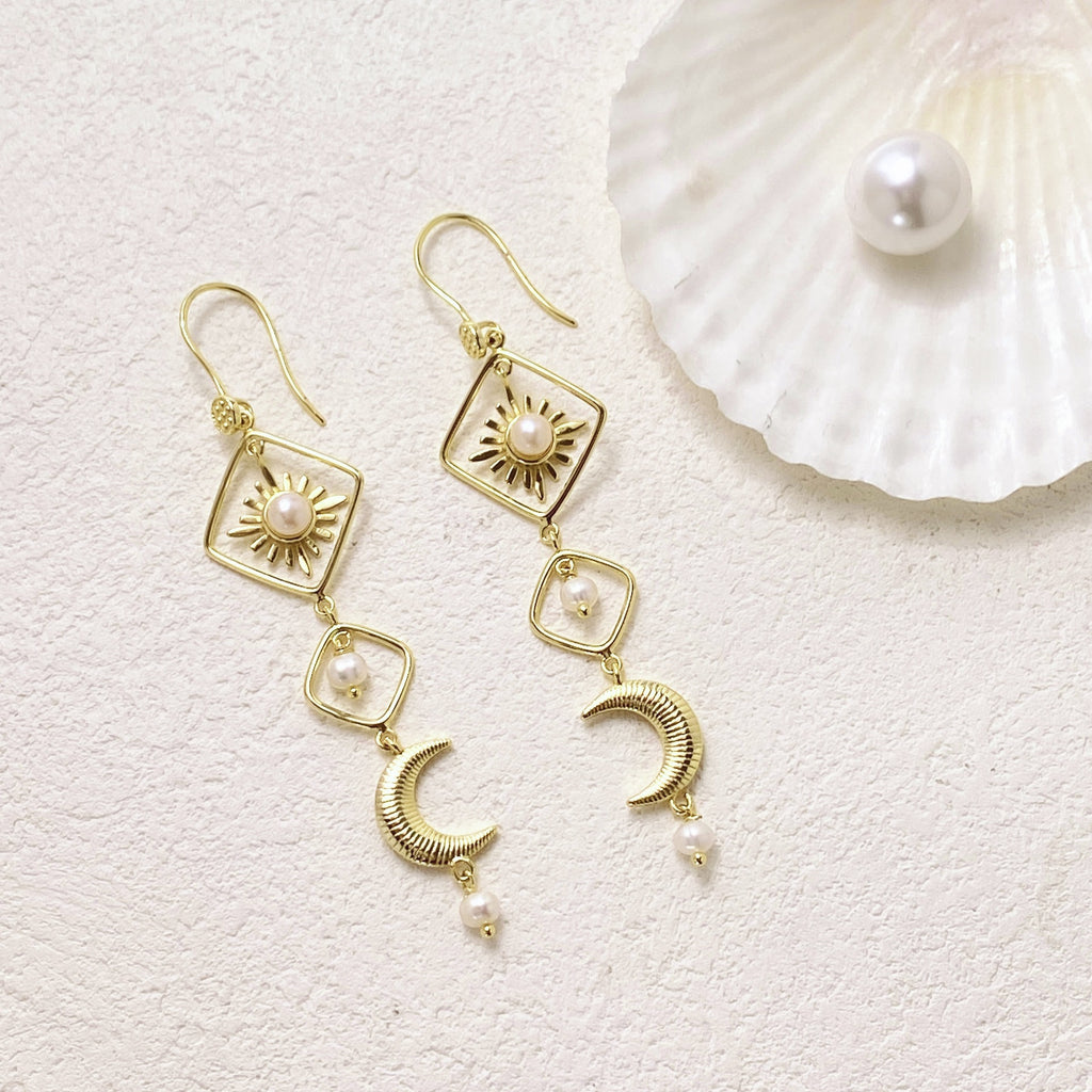 Hollow geometric rhombus sun flower stud earrings moon pearl multi-element long boutique fringed earrings