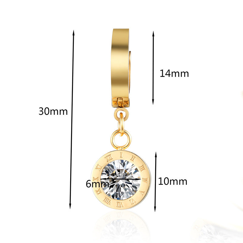 Roman numerals single diamond stud earrings Korean version popular zircon earrings titanium steel rose gold men and women couple earrings