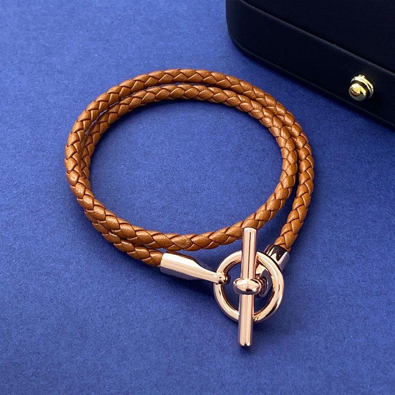 European and American fashion jewelry, leather rope braided buckle, double-layer bracelet, the same versatile bracelet men's and women's jewelry